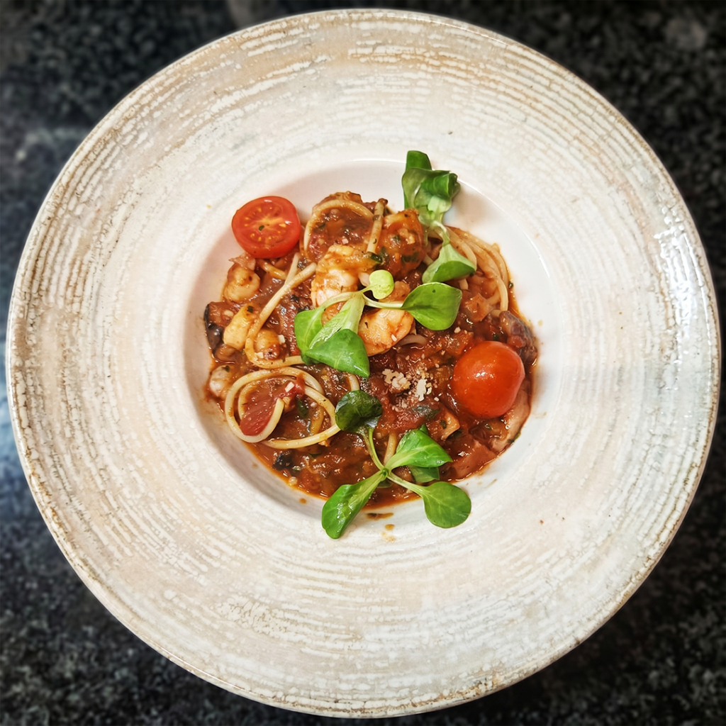 Seafood pasta with prawns, monkfish and cuttlefish served at Serenada Bistro near Gruž Port in Dubrovnik.