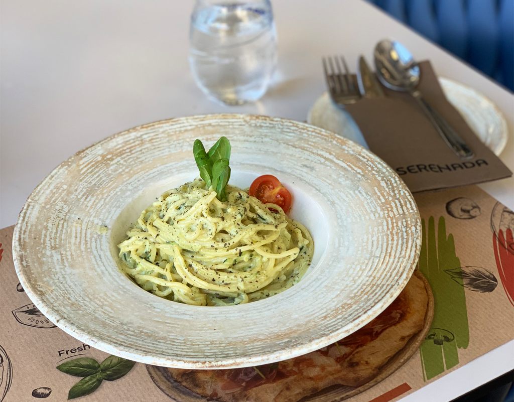 Genovese Pasta with pesto, zucchini, and parmesan cheese served at Serenada Bistro near Gruž Port in Dubrovnik.
