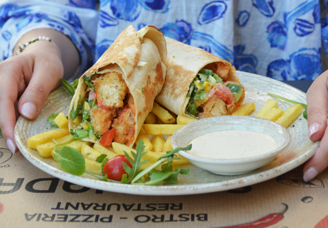 Crispy chicken tortilla wrap with fresh vegetables at Serenada Bistro Dubrovnik